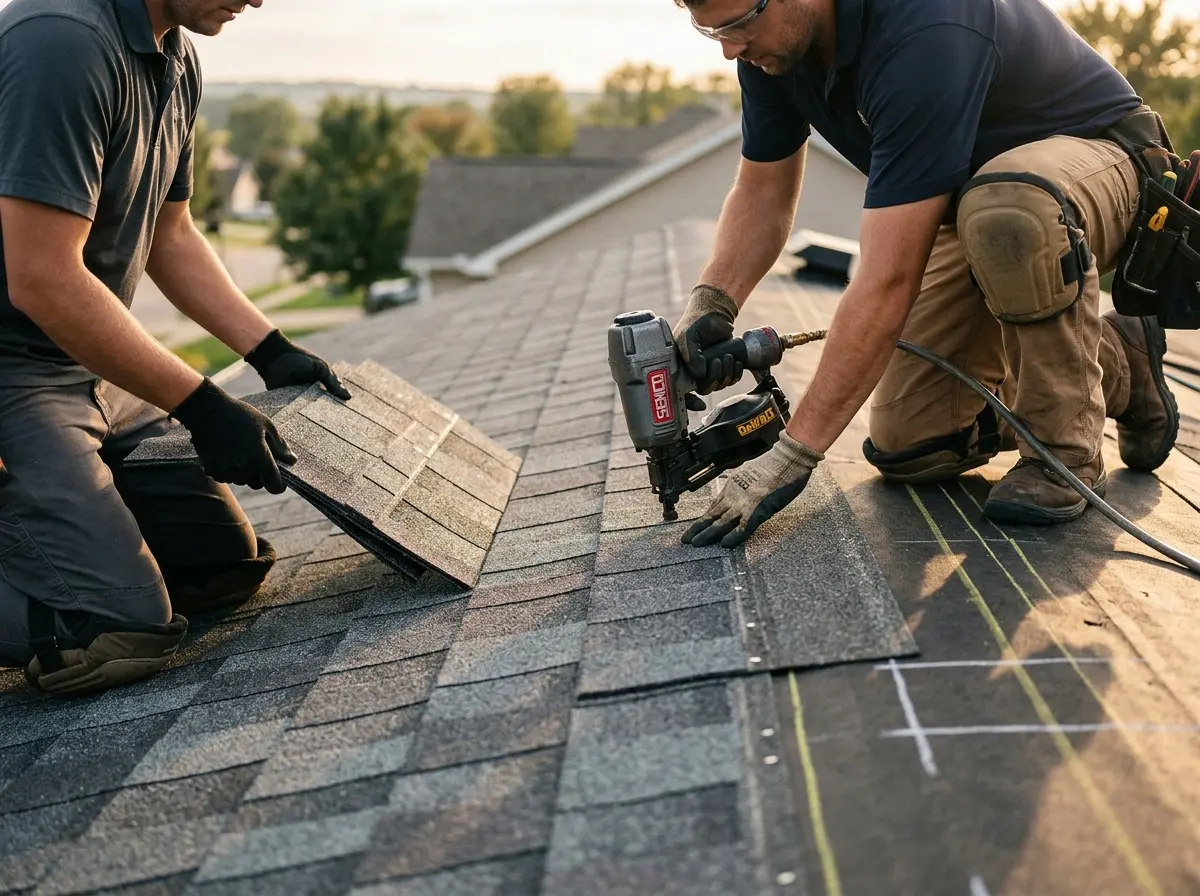 Professional roofer working on a residential roof in Westfield